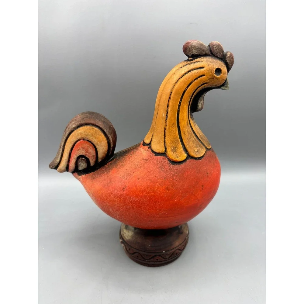 Vintage Ceramic Pottery Rooster‎ Figurine Hand Painted Folk Art Farm Country